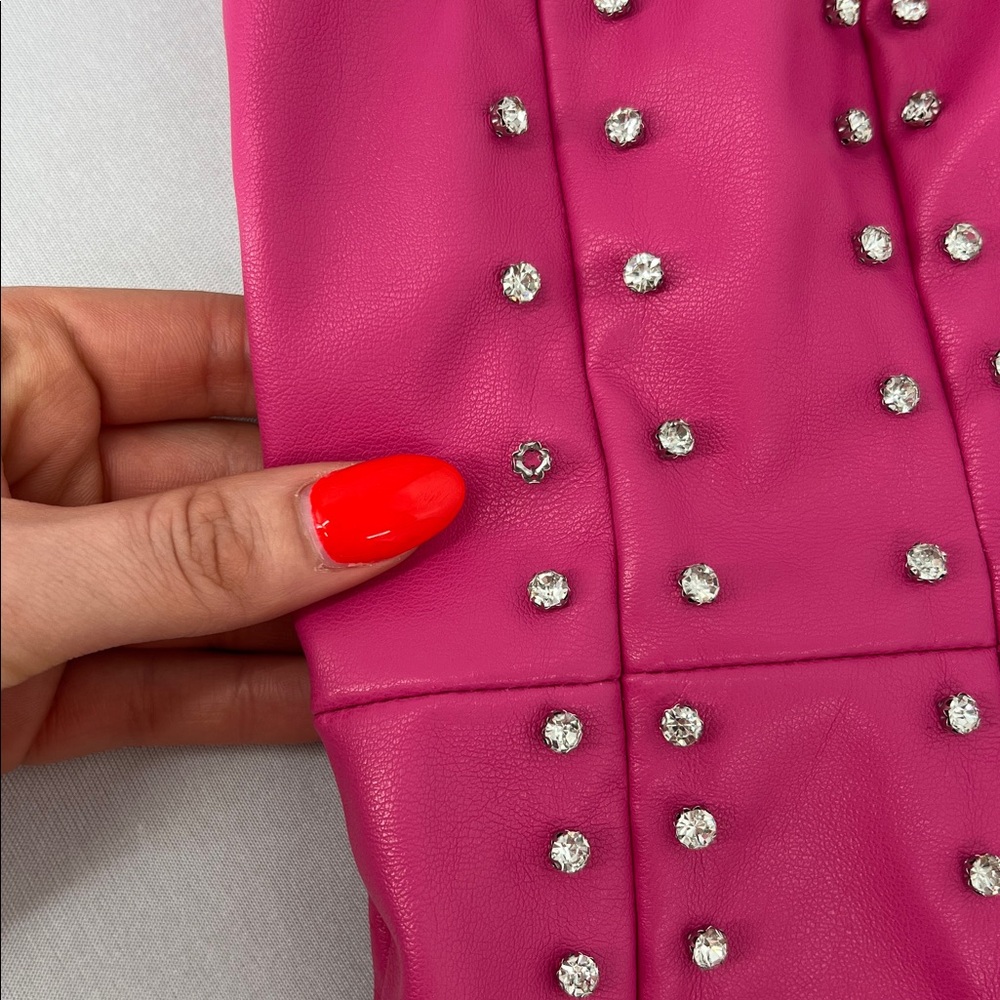 Faux leather hot pink rhinestone mini dress S Barbiecore party club Vegas Bday - Picture 10 of 16